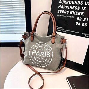 NWT PARIS Graphic Grey White Pu Leather Crossbody Handbag Shoulder Tote Bag
